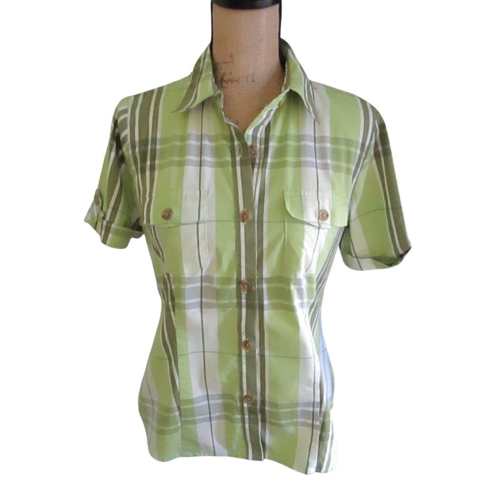Vintage Jaclyn Smith Button Up Shirt M Green Plaid Short Sleeves Casual Prep 90s - Picture 3 of 17
